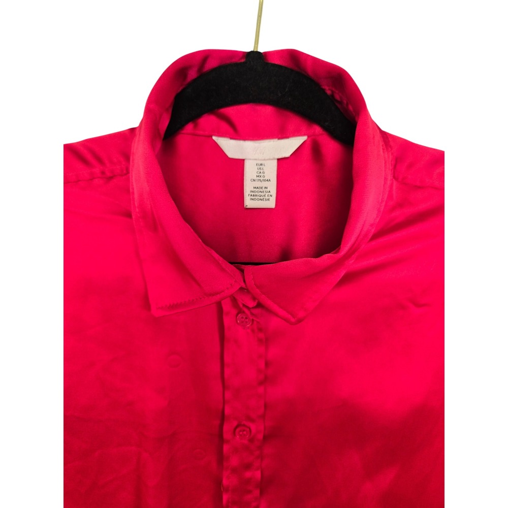 H&M Womens L Red Satin Oversized Button Down Blouse Long Sleeve Statement Shirt